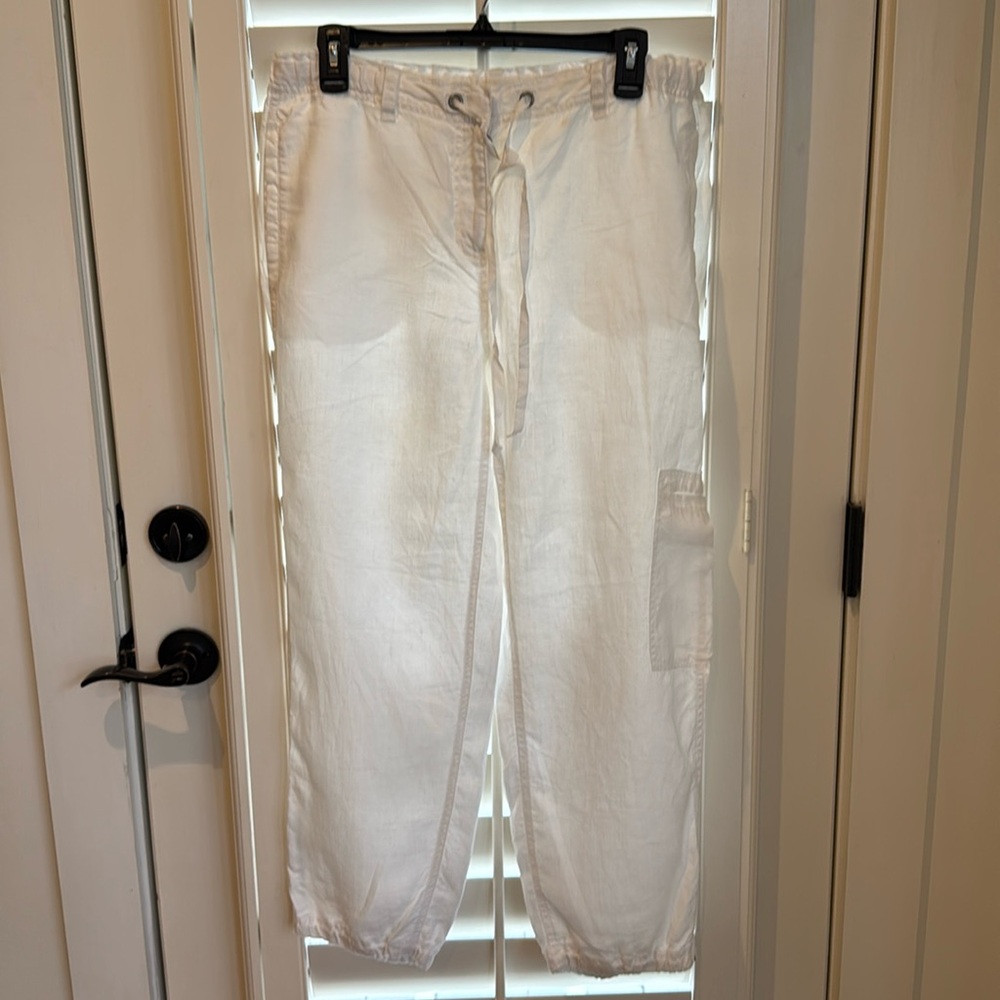 White linen cargo pants by Eileen Fisher
